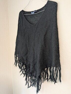 Mohair Shawl Cape Black Fringe Tassel Knit Semi sheer Whimsigoth Goth Fairy Boho